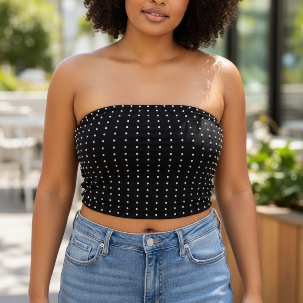 NWT Nasty Gal Black Rhinestone Bandeau Crop Top Size 4 Strapless Party Club‎ Y2K